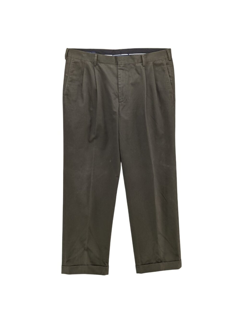 Land End Traditional Fit Chino Pants Mens Dark Green Pleated Cuffed Size 38x30